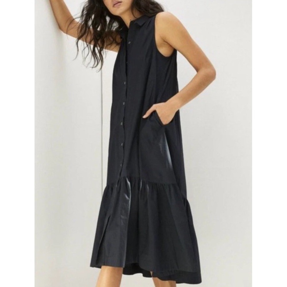 Maeve Paola XL Flounced Midi Dress Black Anthropologie Button Up Organic Cotton